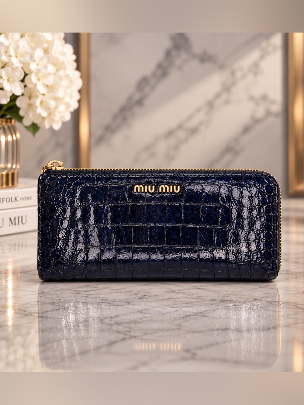 Miu Miu Navy Croc Embossed Leather Long Zip Wallet Box Included